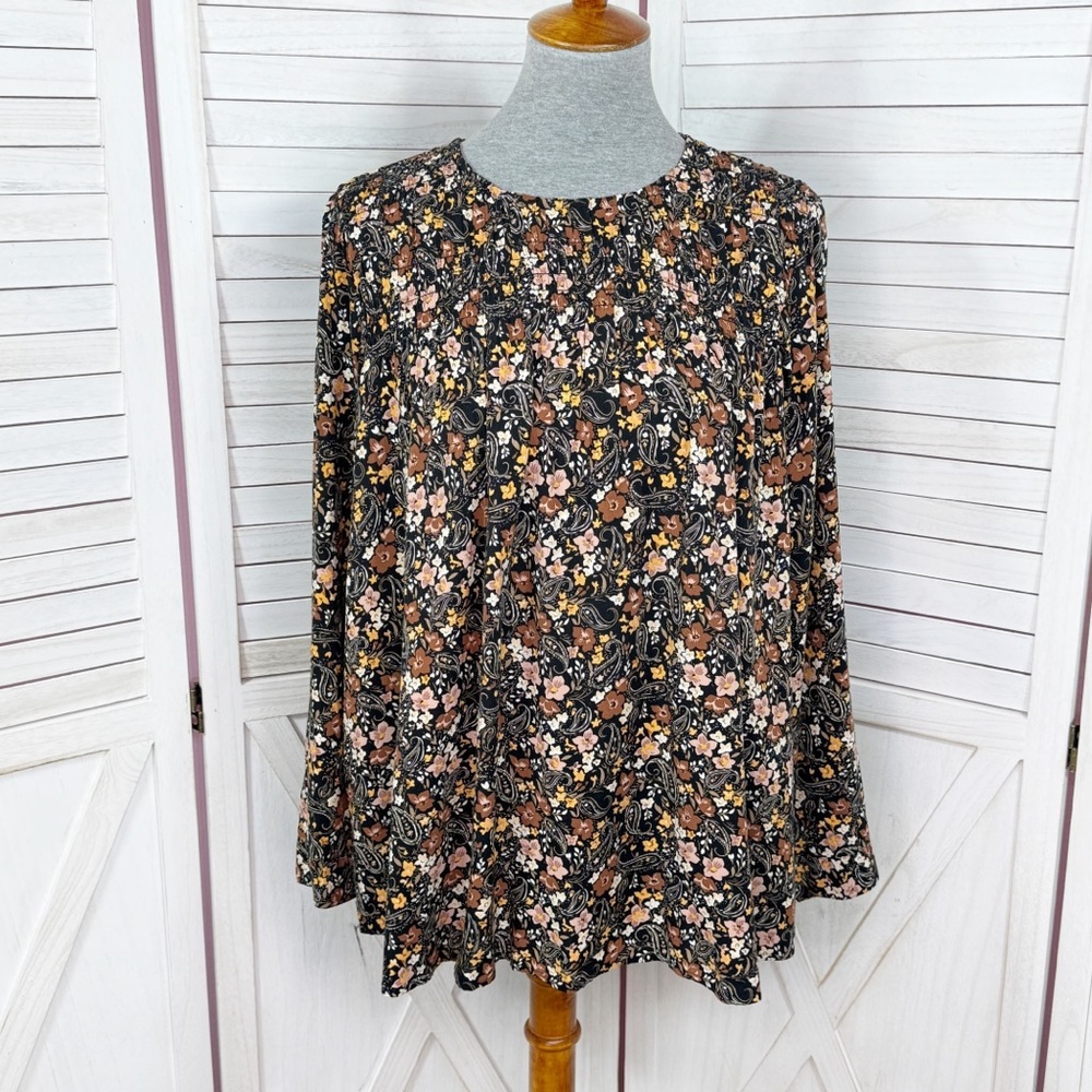 J. Jill Petite Ditsy Floral Paisley Boho Smocked Tunic Blouse Black Tan Large